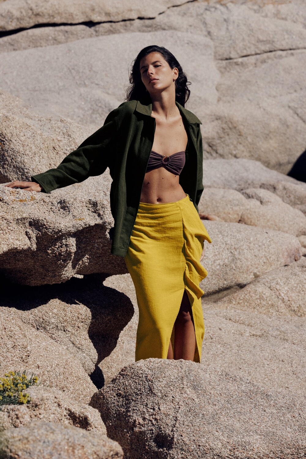 

Юбка миди из смешанной льна ZARA, горчица