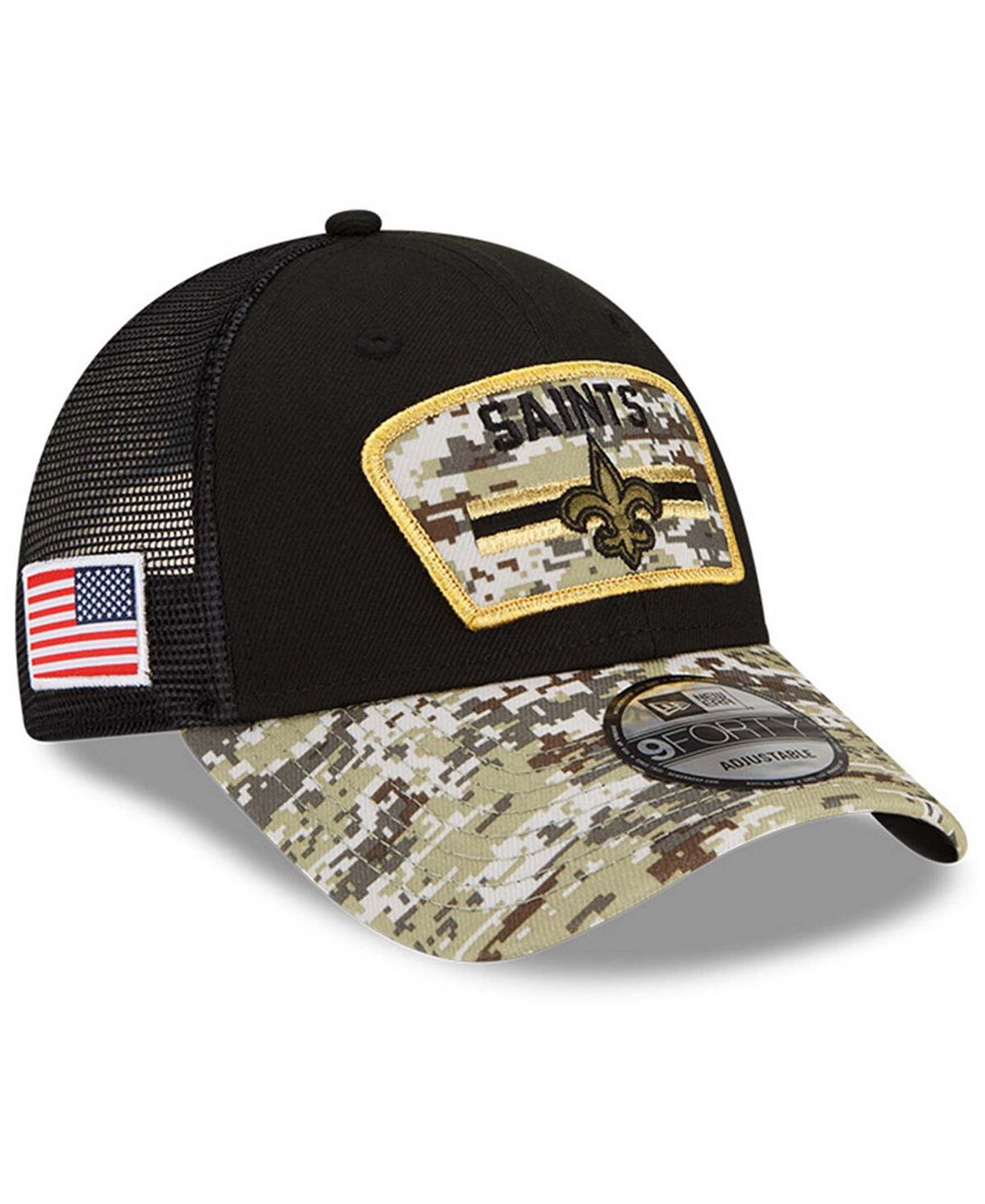 

Мужская черная камуфляжная регулируемая кепка New Orleans Saints 2021 Salute To Service Trucker 9FORTY Snapback New Era