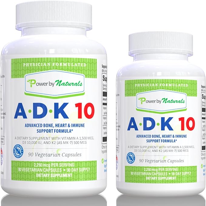 Power By Naturals ADK 10 — витаминные добавки с витамином А, витамином D3 и витамином К2, 2 бутылки по 90 капсул alpha rise adk 10 витаминная добавка с витаминами a d3 10 000 ме k2 mk7 mk4 – 90 капсул