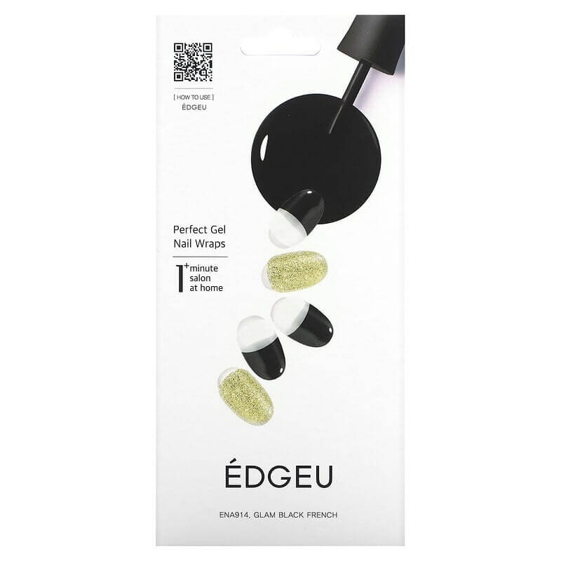 Гелевые полоски Edgeu для ногтей Perfect ENA91 Glam Black French, набор из 16 полосок edgeu perfect gel nail wraps ena914 glam black french набор из 16 полосок