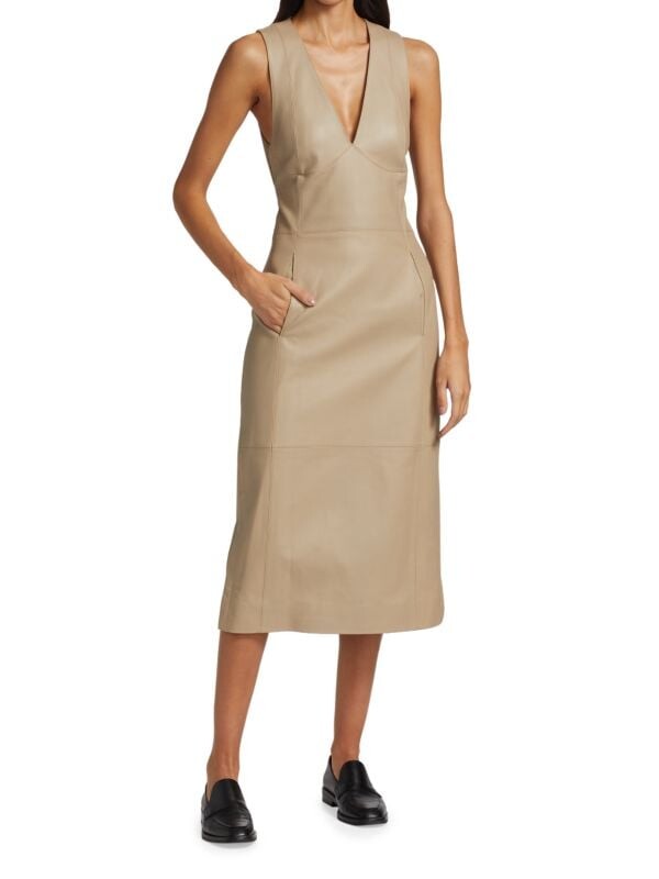 

Платье из искусственной кожи с v-образным вырезом Proenza Schouler White Label Taupe