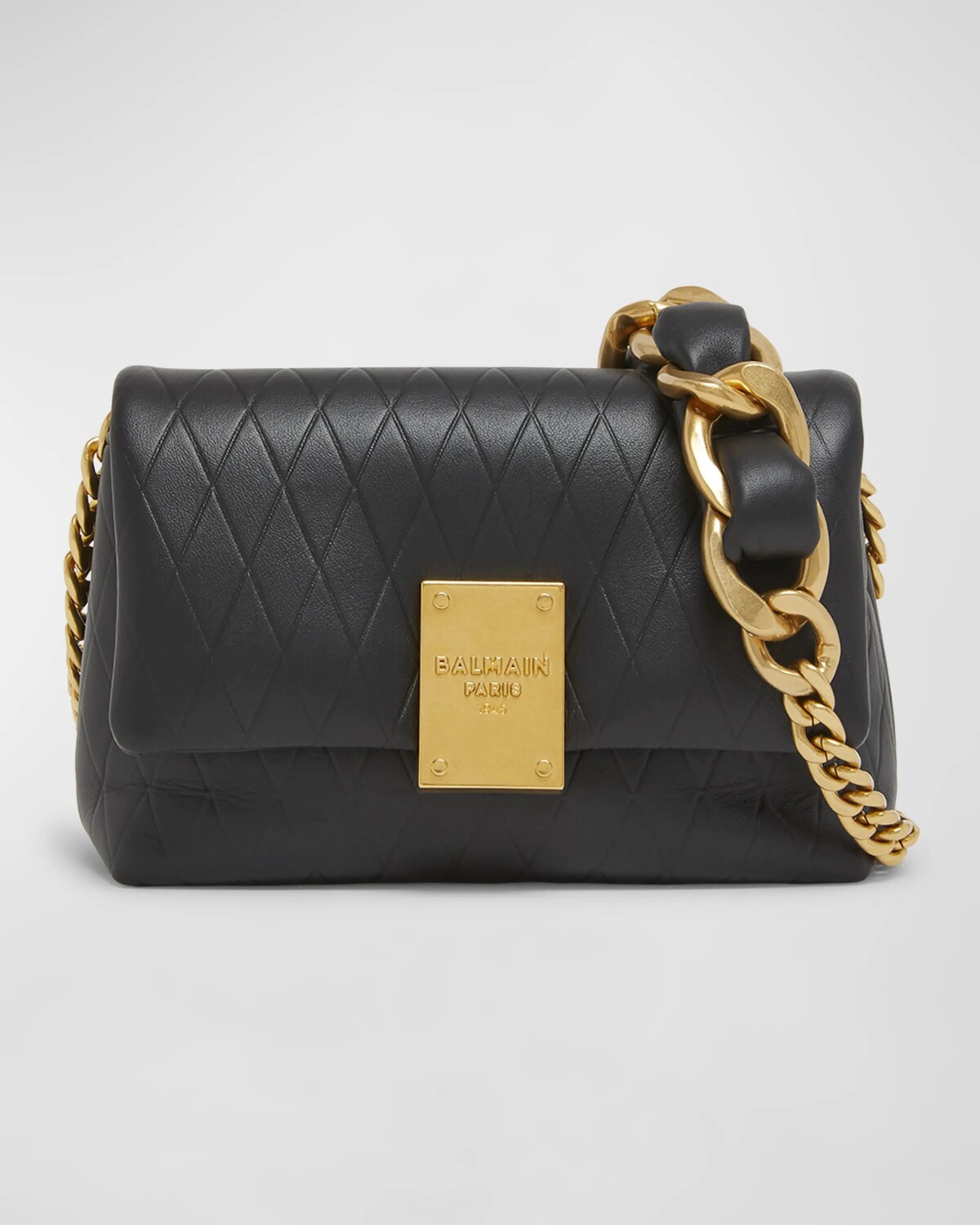 

Мягкая мини-сумка на плечо 1945 из тисненой кожи Balmain, цвет Noir
