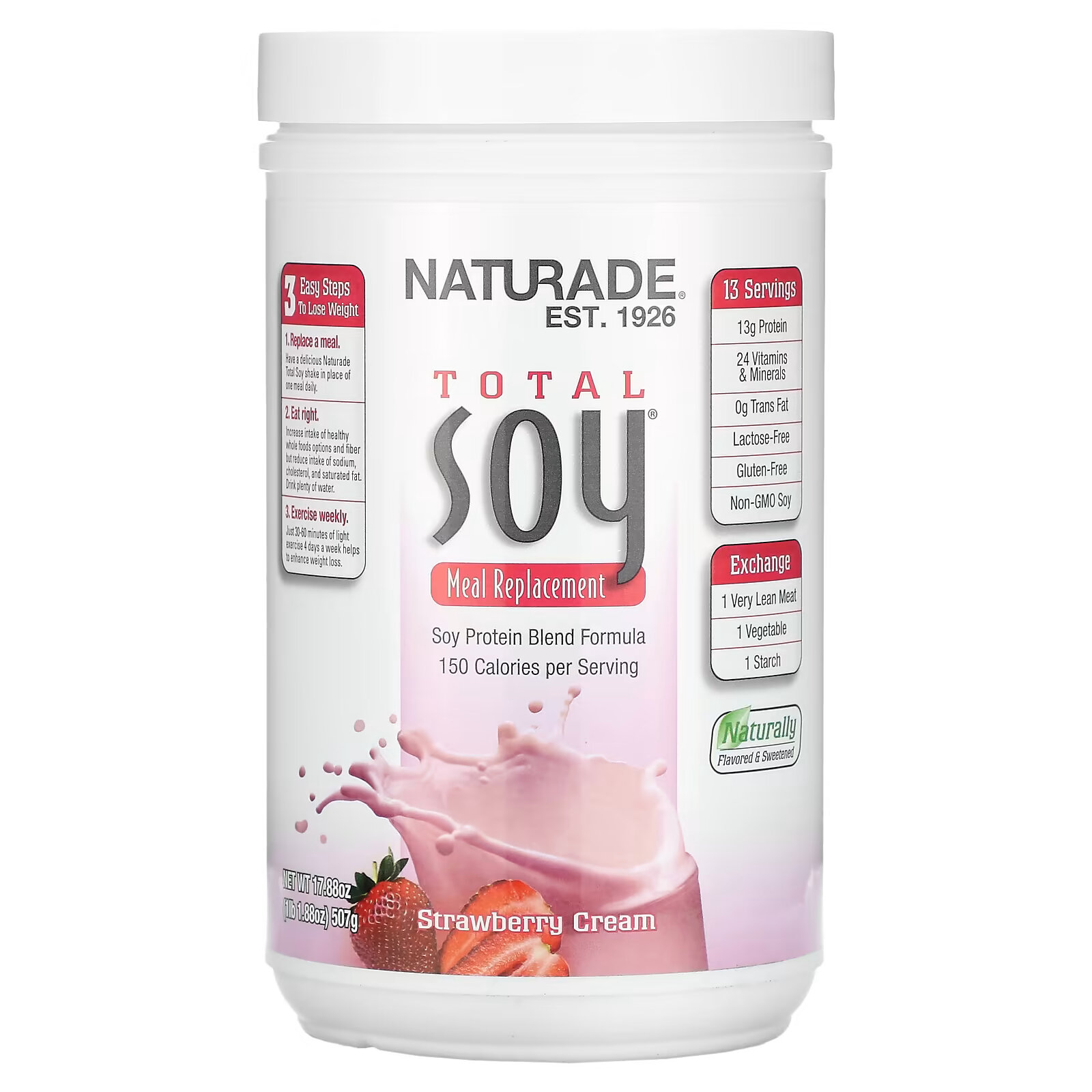 Naturade, Total Soy, заменитель приема пищи, клубника со сливками, 507 г (17,88 унции) naturade total soy коктейль для похудения орчата 540 г 1 2 фута