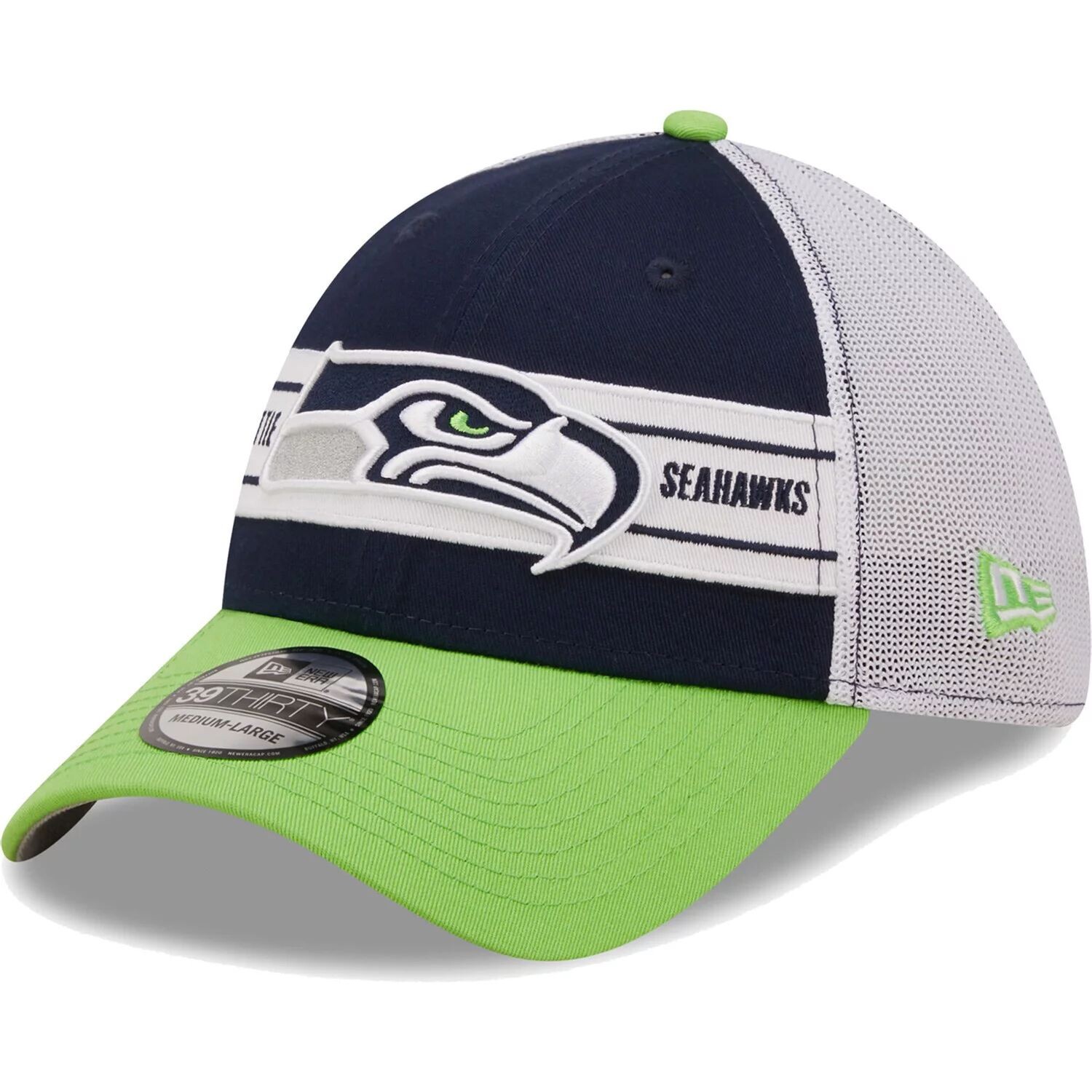 

Мужская бейсболка New Era College Navy/Neon Green Seattle Seahawks Team с полосой 39THIRTY Flex Hat