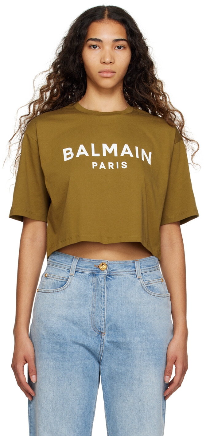 

Укороченная футболка цвета хаки Balmain