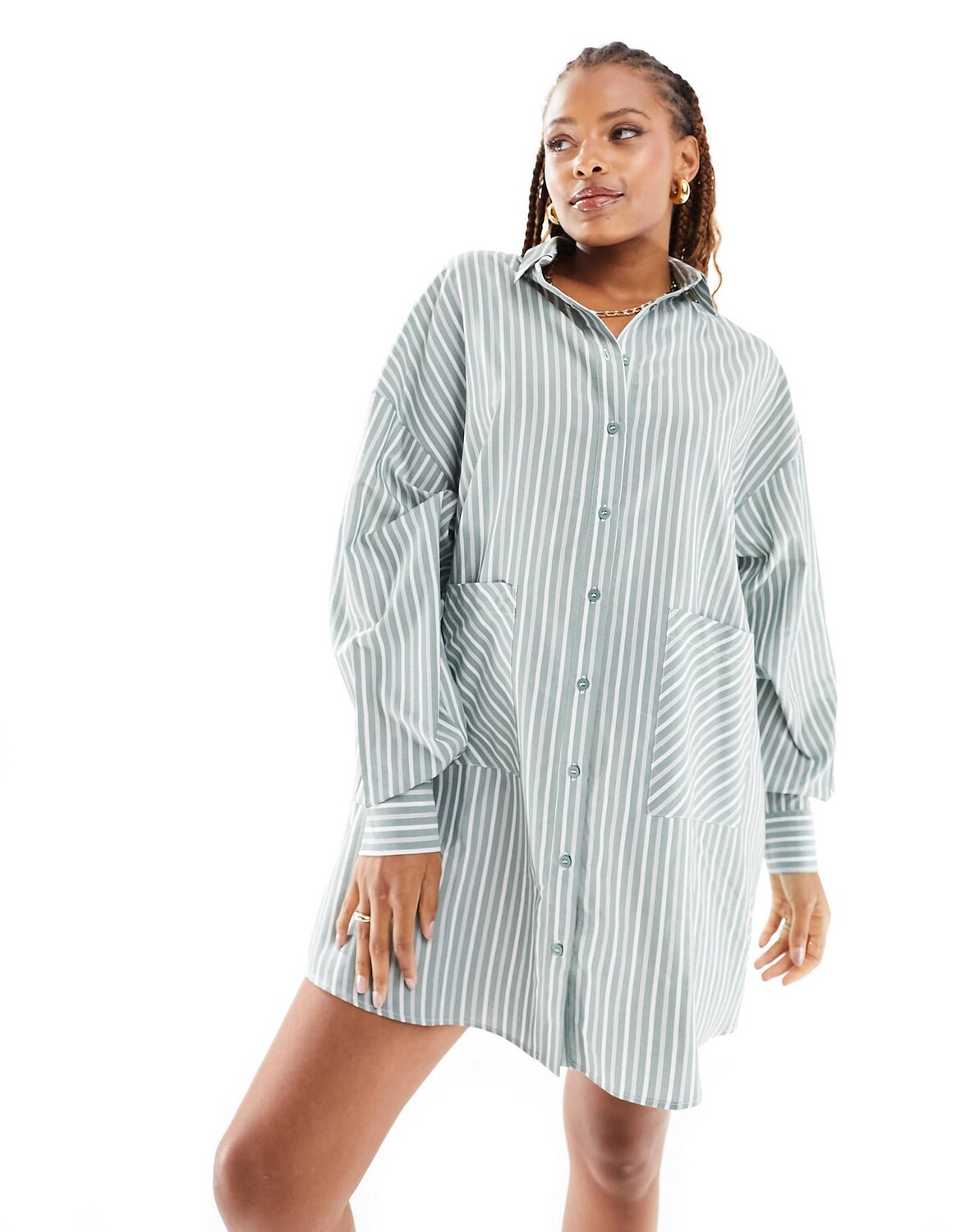 

Платье-рубашка Asos Design Oversized With Dropped Pockets In Stripe, зеленый/белый