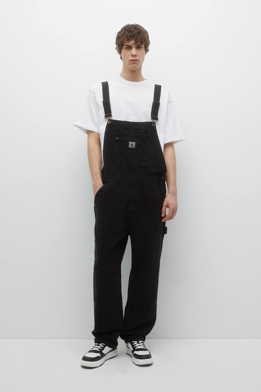 

Длинный черный джинсовый комбинезон Pull&Bear, черный