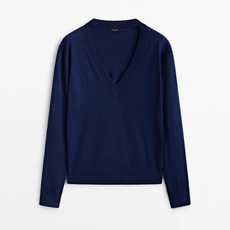 

Свитер Massimo Dutti V-Neck Wool Blend, темно-синий