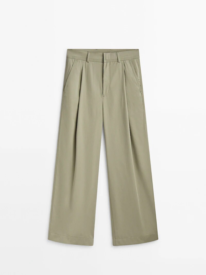 

Широкие брюки из поплина с вытачками Massimo Dutti, бледно-зеленый