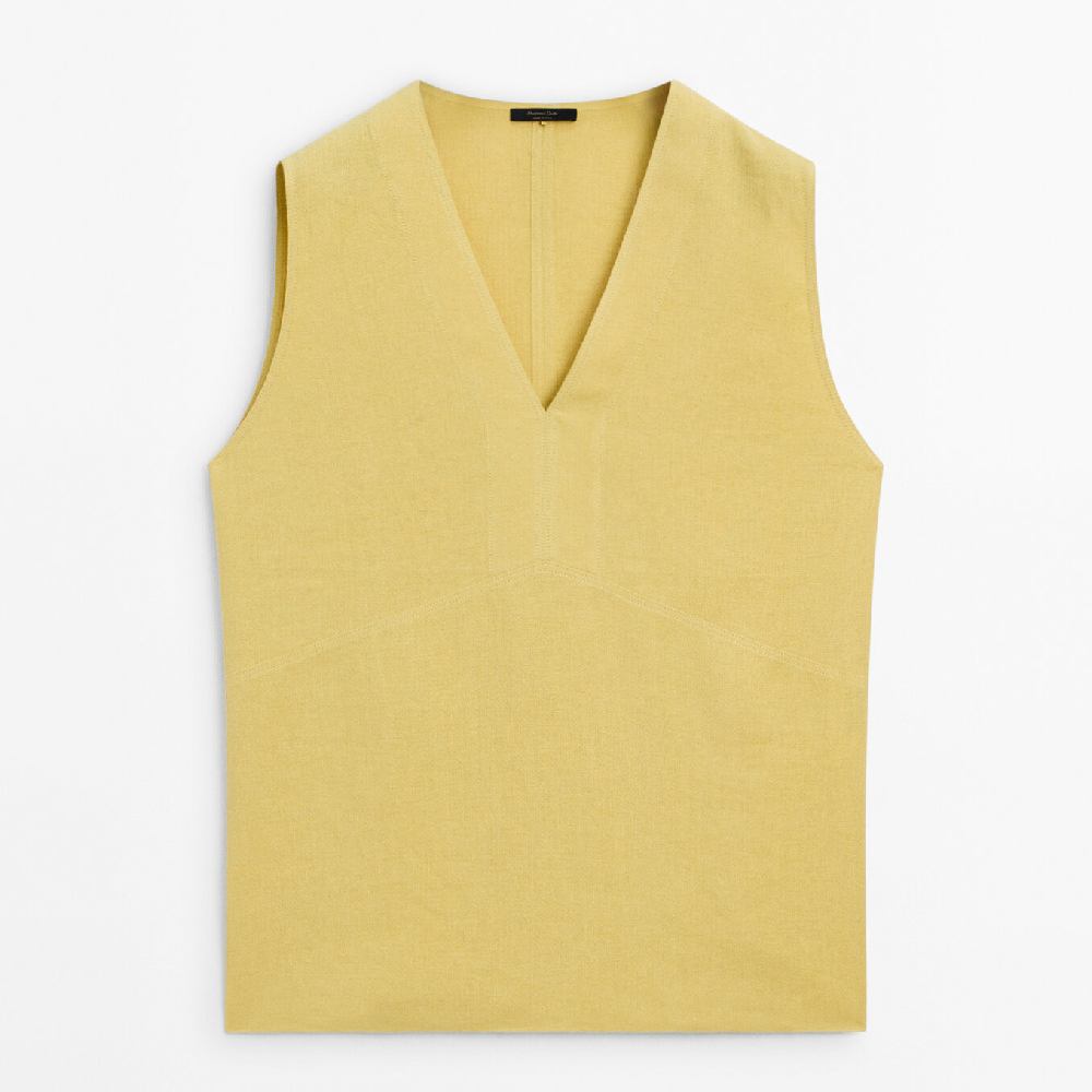 Топ Massimo Dutti 100% Linen V-neck, желтый пуловер с v образным вырезом из льна