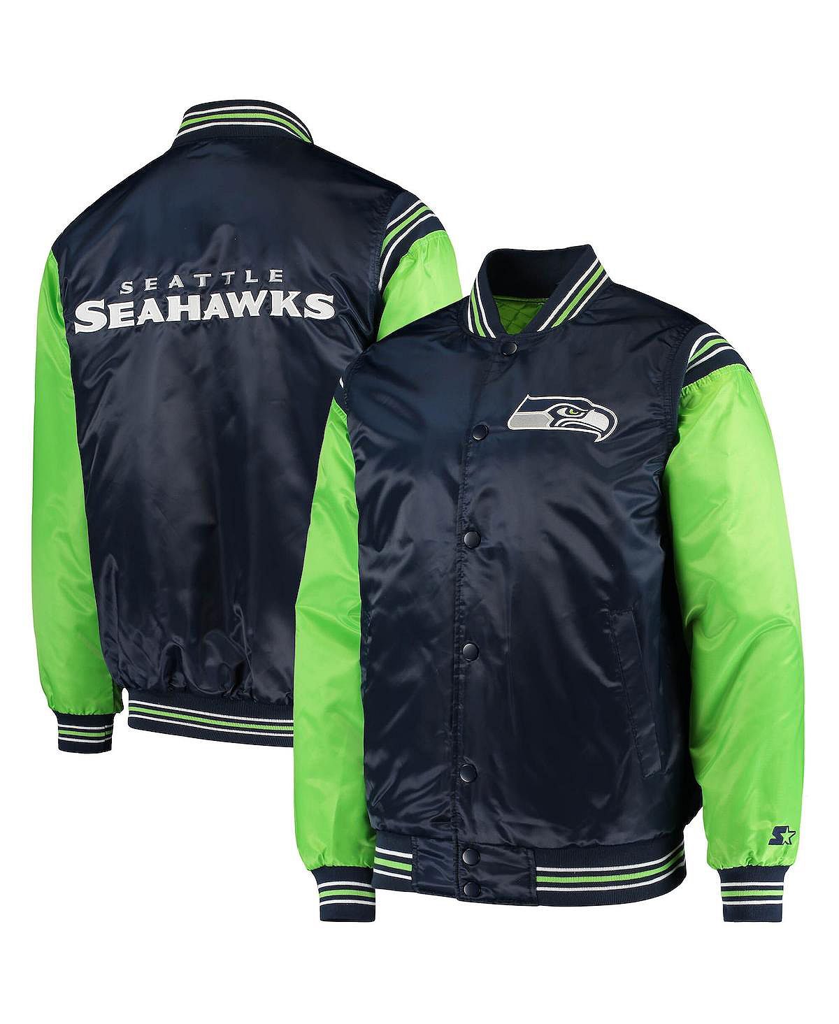 Мужская темно-синяя куртка колледжа, неоново-зеленая атласная университетская куртка seattle seahawks enforcer с застежкой на кнопках Starter, мульти цена и фото