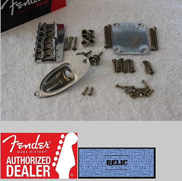

Fender American Vintage Aged/Relic Hardtail Chrome Stratocaster Body Hardware Set 003-7592-049 003-7592 American Vintage '62 Stratocaster Hardtail Bridge Assembly