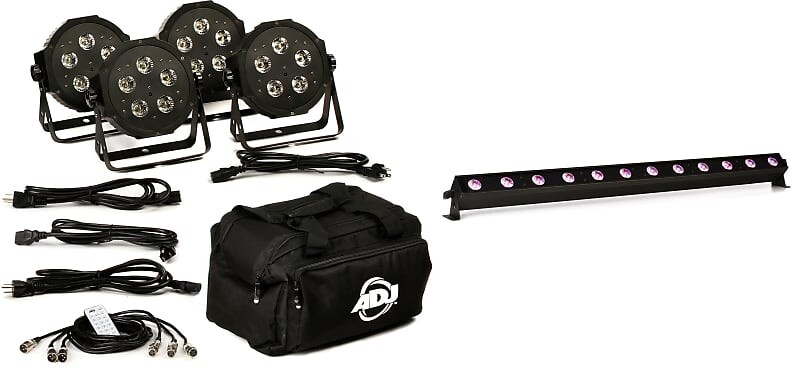 

Комплект ADJ Mega Flat Hex Pak 4x RGBWA+UV Par с кабелями и комплект сумок с ADJ UB 12H 1-метровая 12-светодиодная линейка RGBAW+UV LED Bar American DJ MEG386=1 UBH120=1