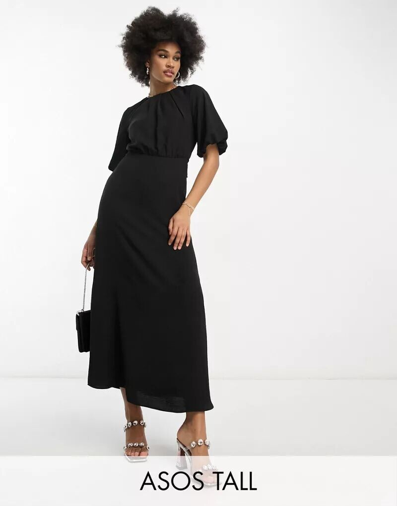 

Черное платье миди с поясом и пышными рукавами ASOS DESIGN Tall
