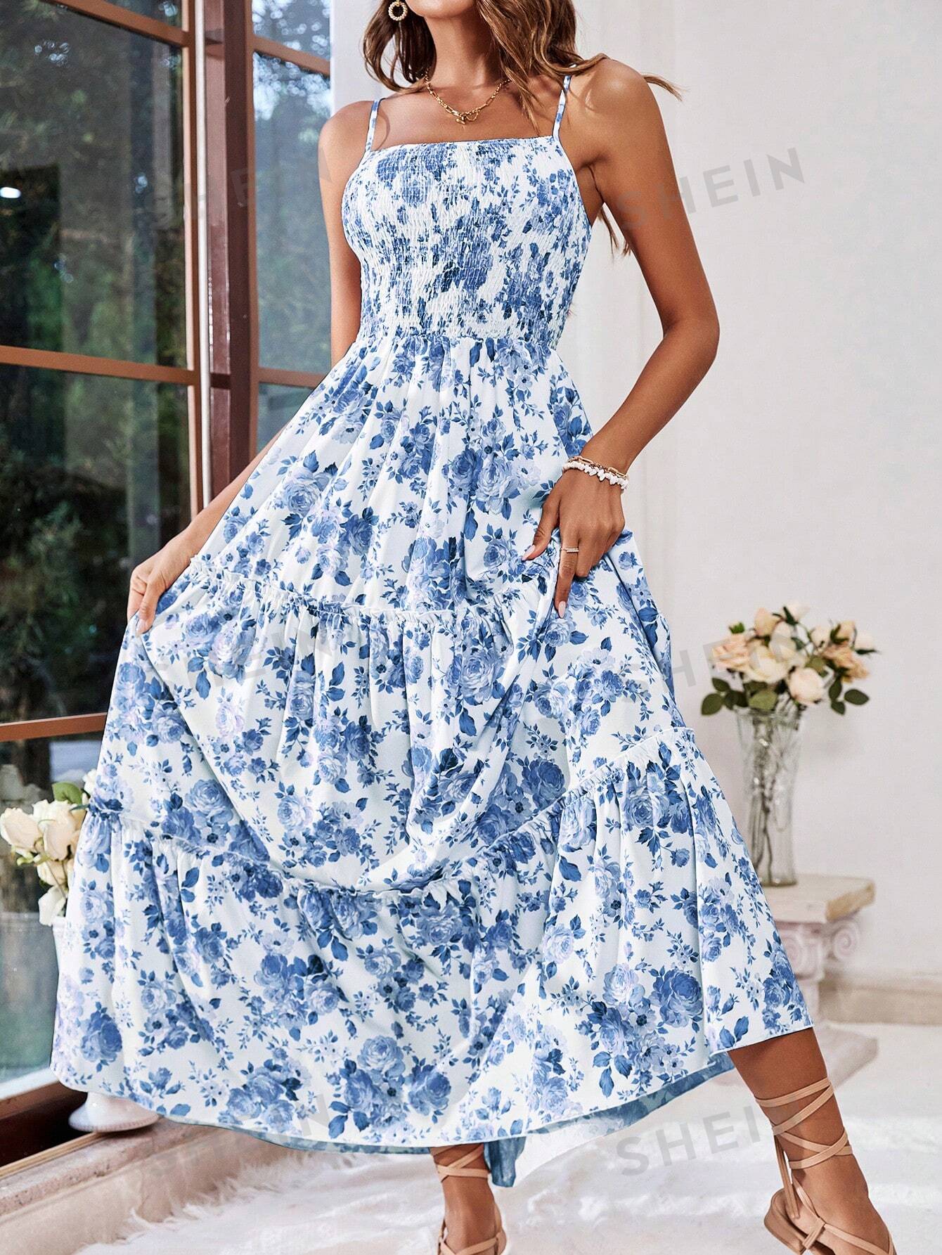 SHEIN VCAY Отпускное платье на тонких бретельках с цветочным принтом, синий