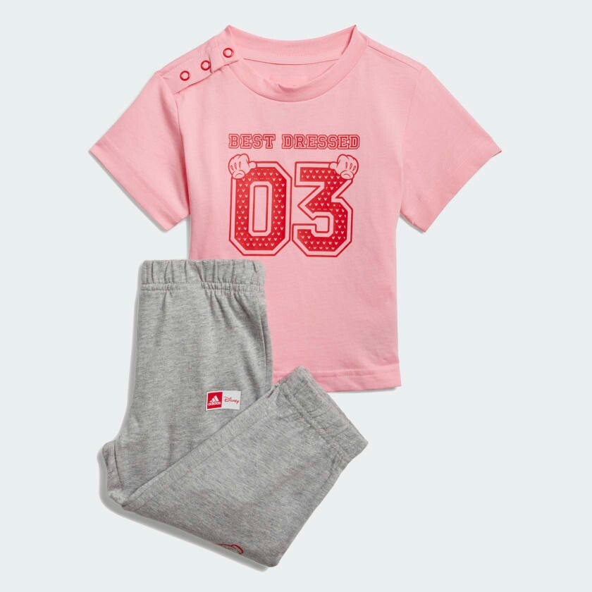 

Детский комплект Adidas х Disney Tee And Pants, 2 предмета, розовый/красный/серый