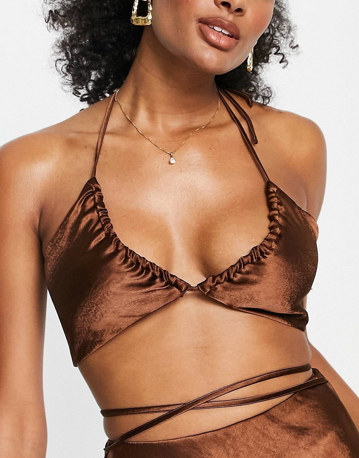 

Шоколадный атласный бюстгальтер без бретелек Topshop co-ord