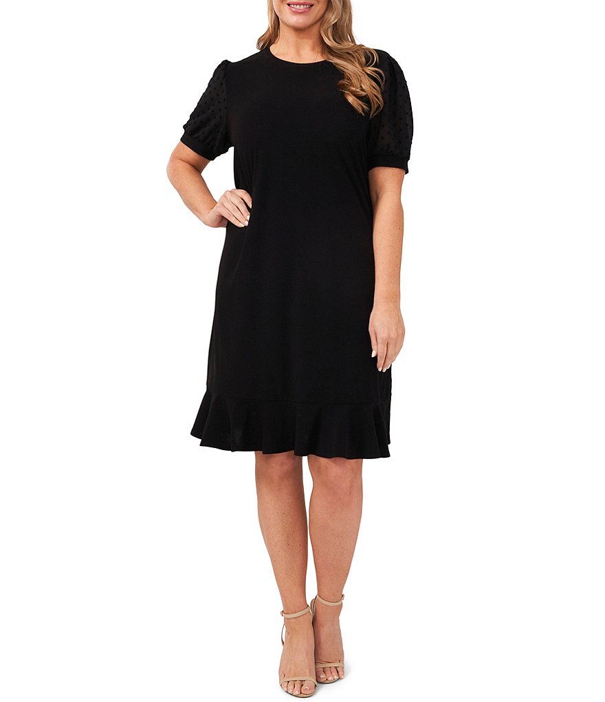 CeCe Трикотажное платье размера плюс с круглым вырезом в горошек и короткими рукавами, черный