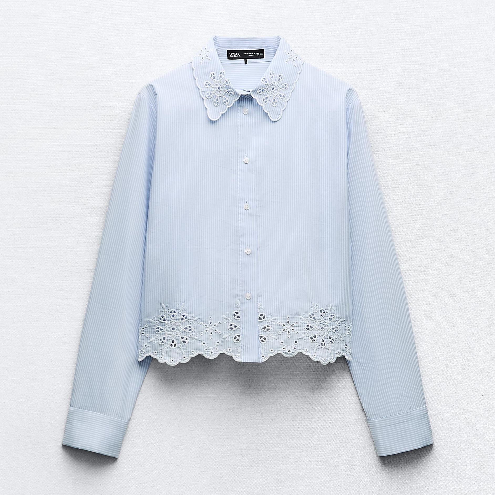 Рубашка Zara Cropped Striped With Cutwork Embroidery, голубой/белый