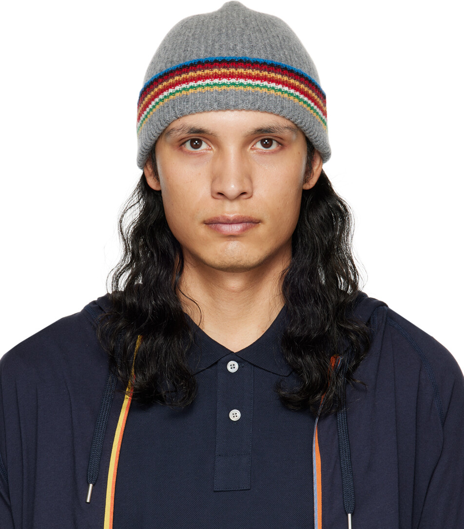 

Серая шапка-бини в фирменную полоску Paul Smith