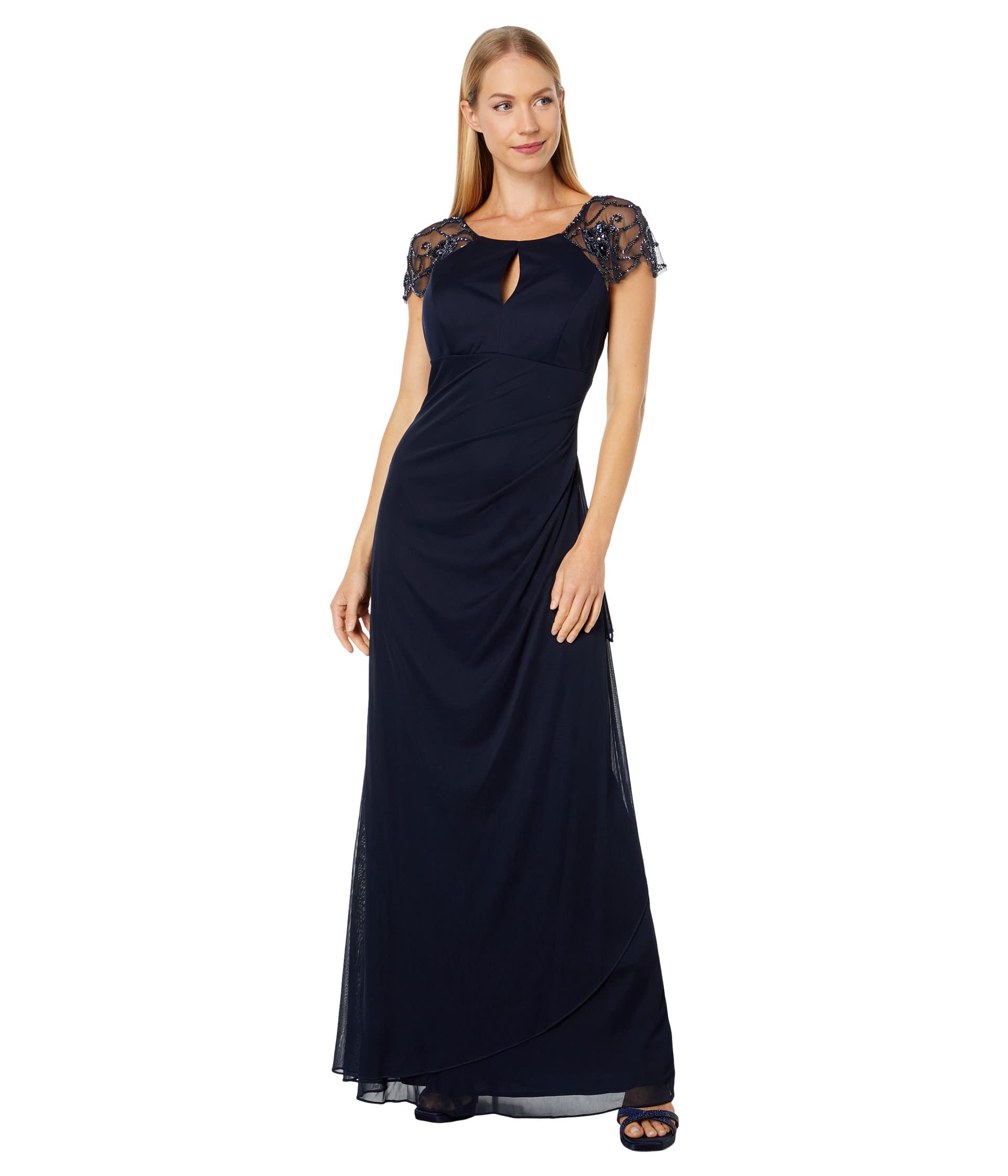 Платье XSCAPE, Long Sheer Matte Jersey Beaded Dress with Cap Sleeve