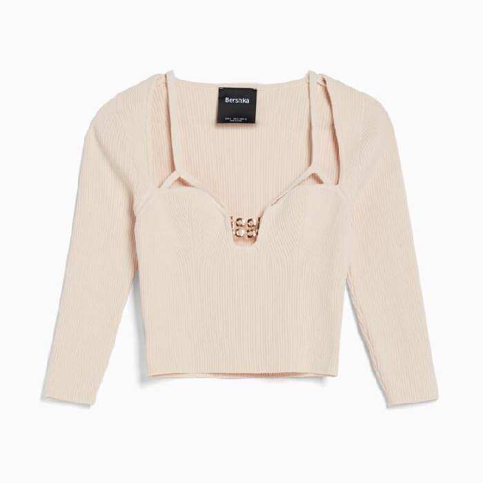 

Лонгслив Bershka Faturing Neckline With Beading Detail, бежевый