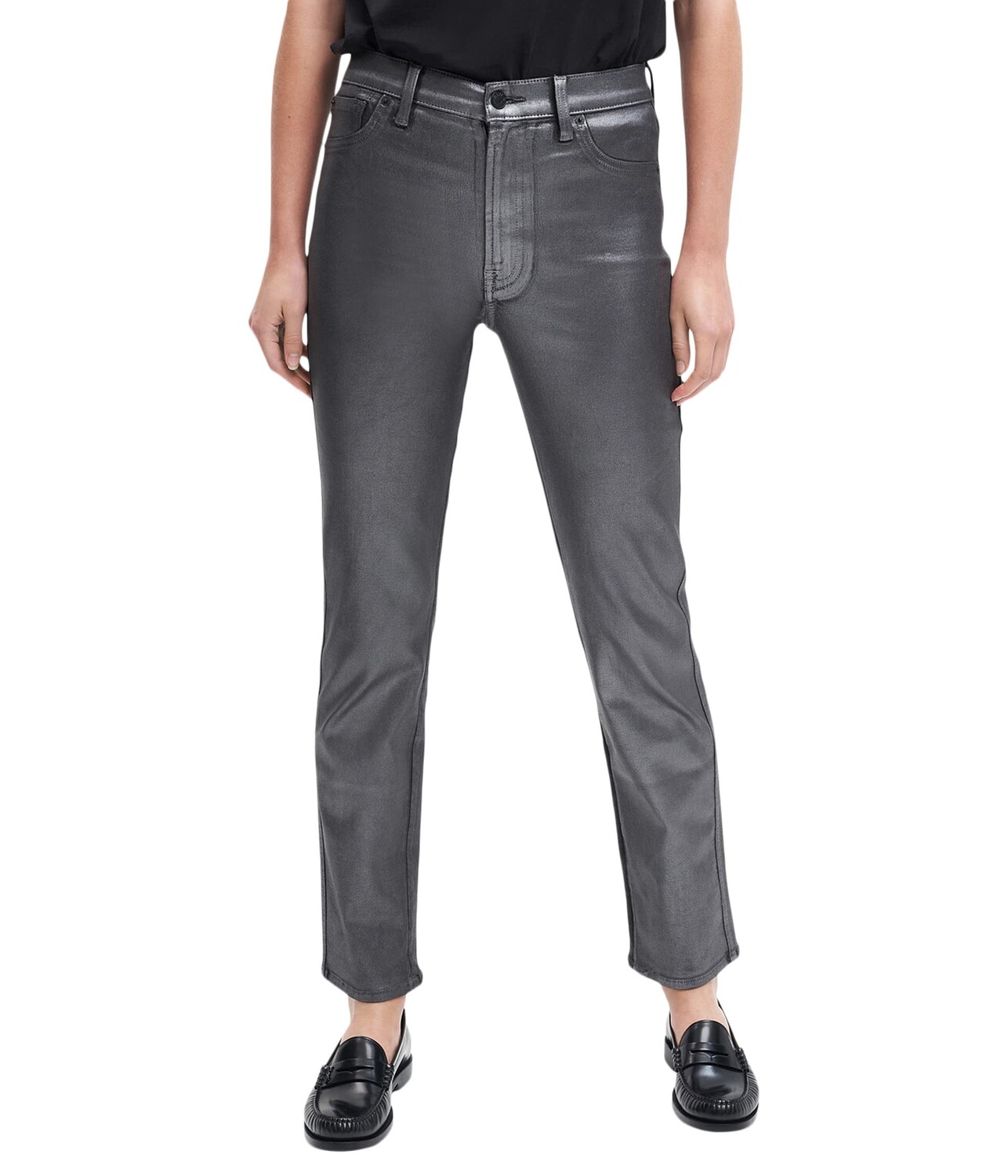 

Джинсы 7 For All Mankind, High-Waist Straight w/ Faux Pockets in Coated Pewter