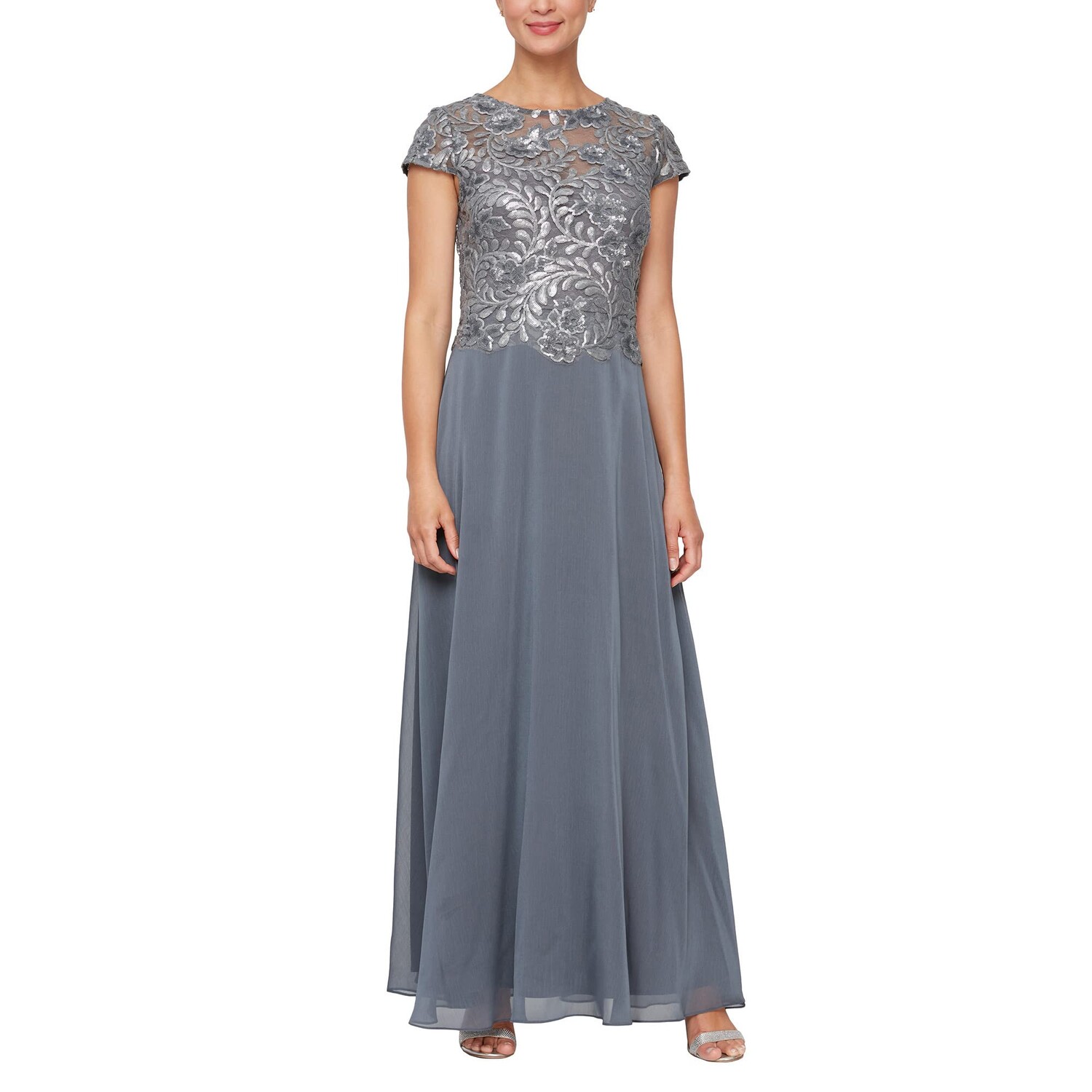 

Платье Alex Evenings, Long A-Line Mock Dress with Embroidered Sequin Cap Sleeve Bodice