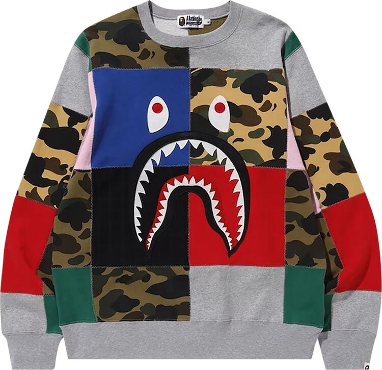 

Толстовка BAPE Patchwork Shark Wide Crewneck 'Multicolor', разноцветный, Серый
