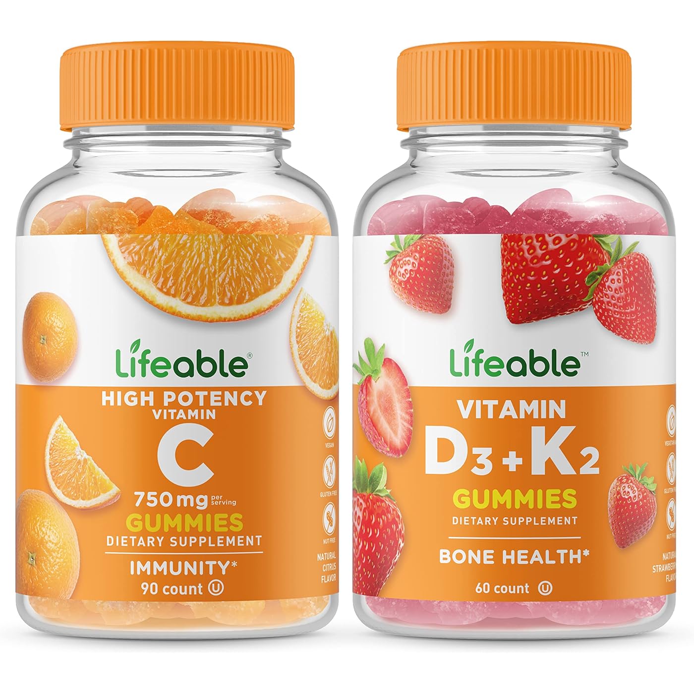 Набор витаминов Lifeable Vitamin C 750 mg & Vitamin D3 + K2 Immunity And Bone Health, 2 предмета, 90+60 таблеток