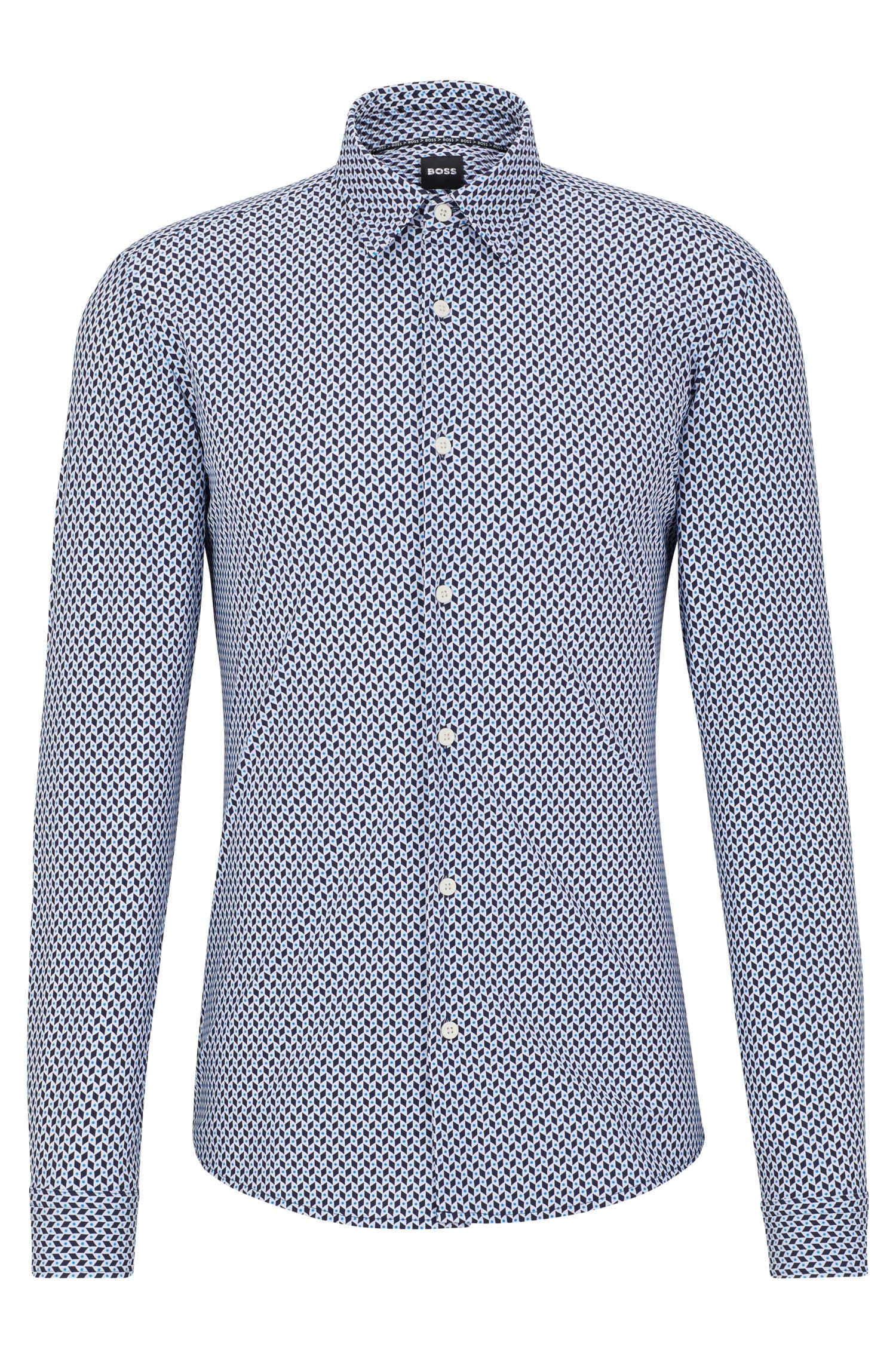 цена Приталенная рубашка Hugo Boss из эластичной ткани с геометрическим принтом Performance, голубой/синий
