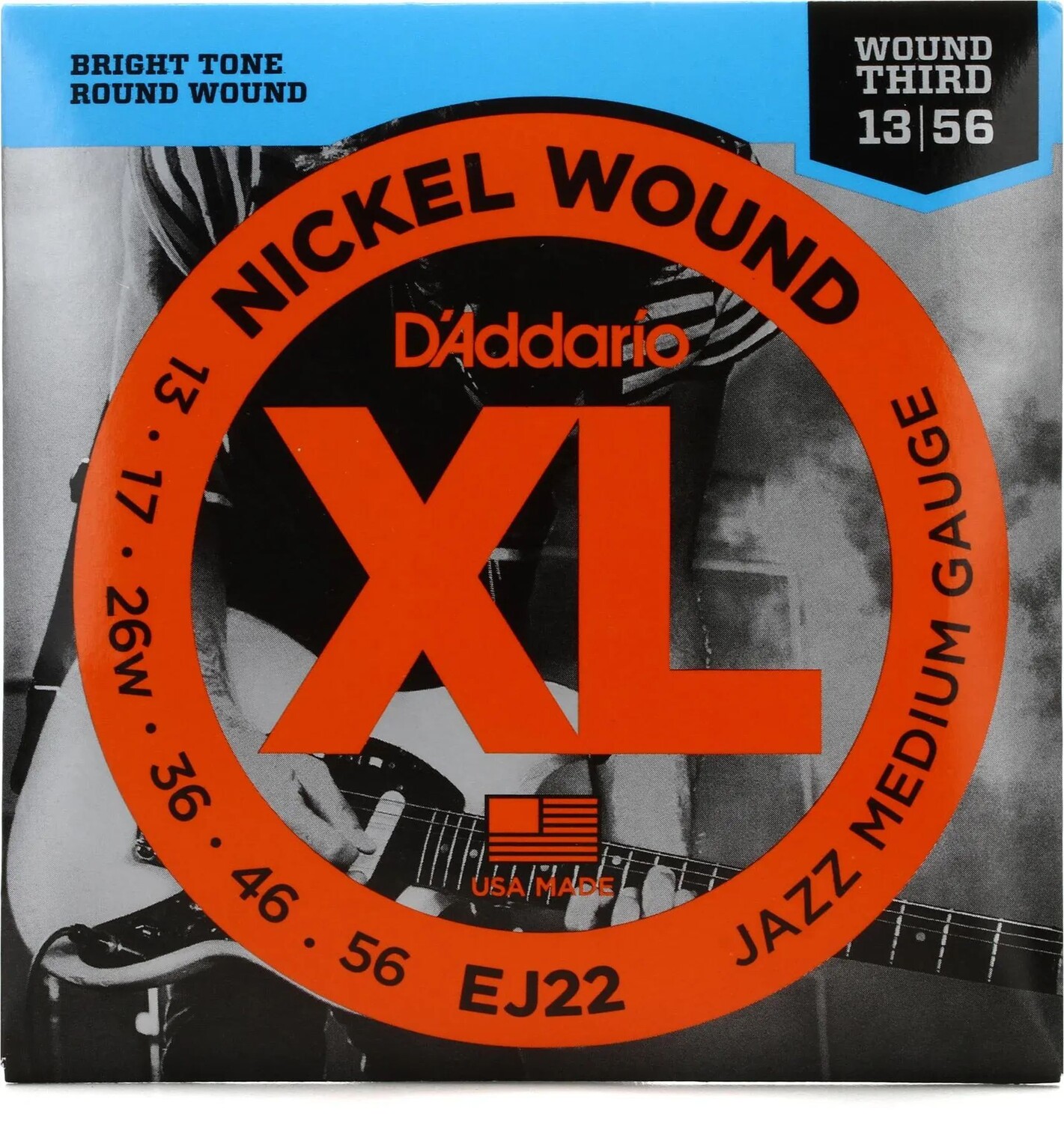 

Струны для электрогитары D'Addario EJ22 XL с никелевой обмоткой — .013-.056 Jazz Medium Wound 3rd