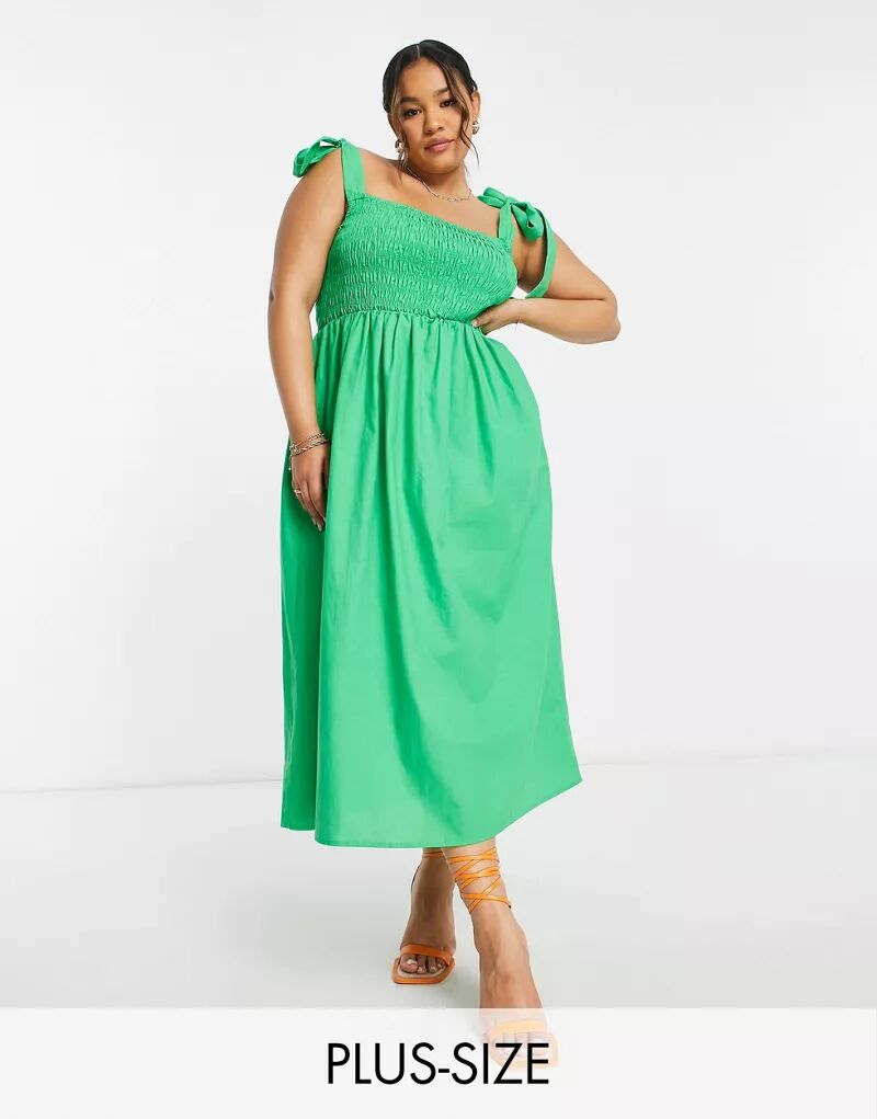 Never Fully Dressed Plus – присборенное платье длиной до икры ярко-зеленого цвета с завязанными бретелями
