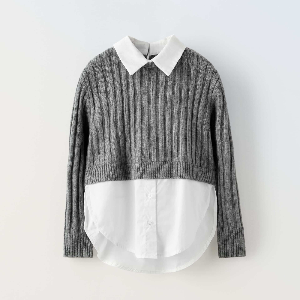 Комбинированная рубашка Zara Contrast Knit Poplin, серый/белый топ zara contrast ribbed poplin puff хаки