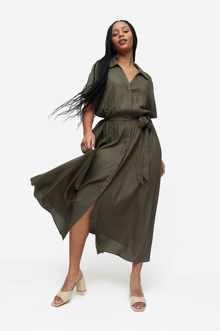 

Платье-рубашка с поясом и завязками H&M, темно-зеленый хаки
