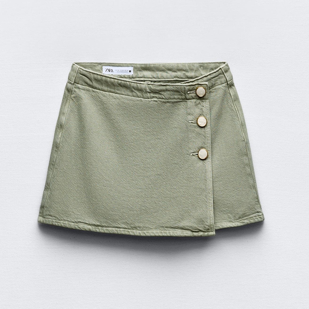 цена Юбка-шорты Zara Z1975 Denim Wrap With Buttons, хаки