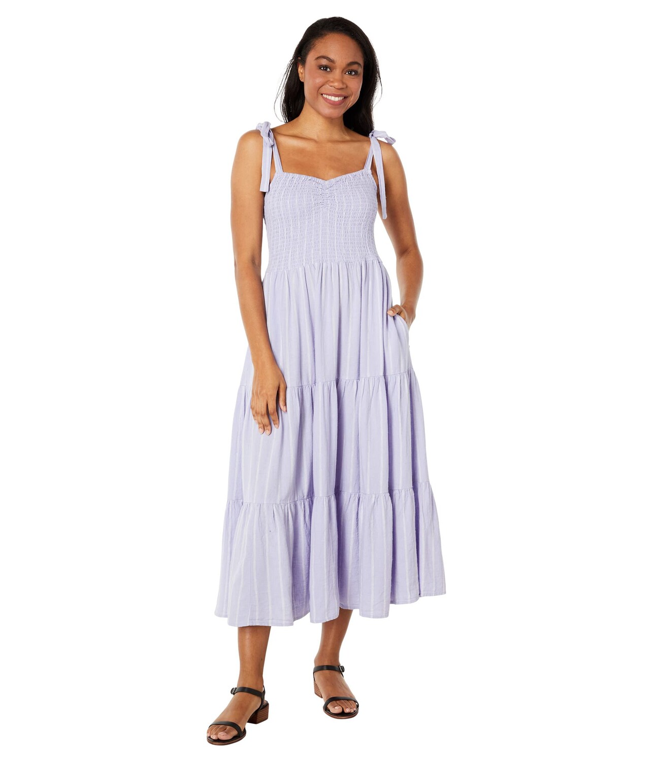 

Платье Madewell, Linen-Blend Lucie Tie-Strap Tiered Midi Dress in Stripe