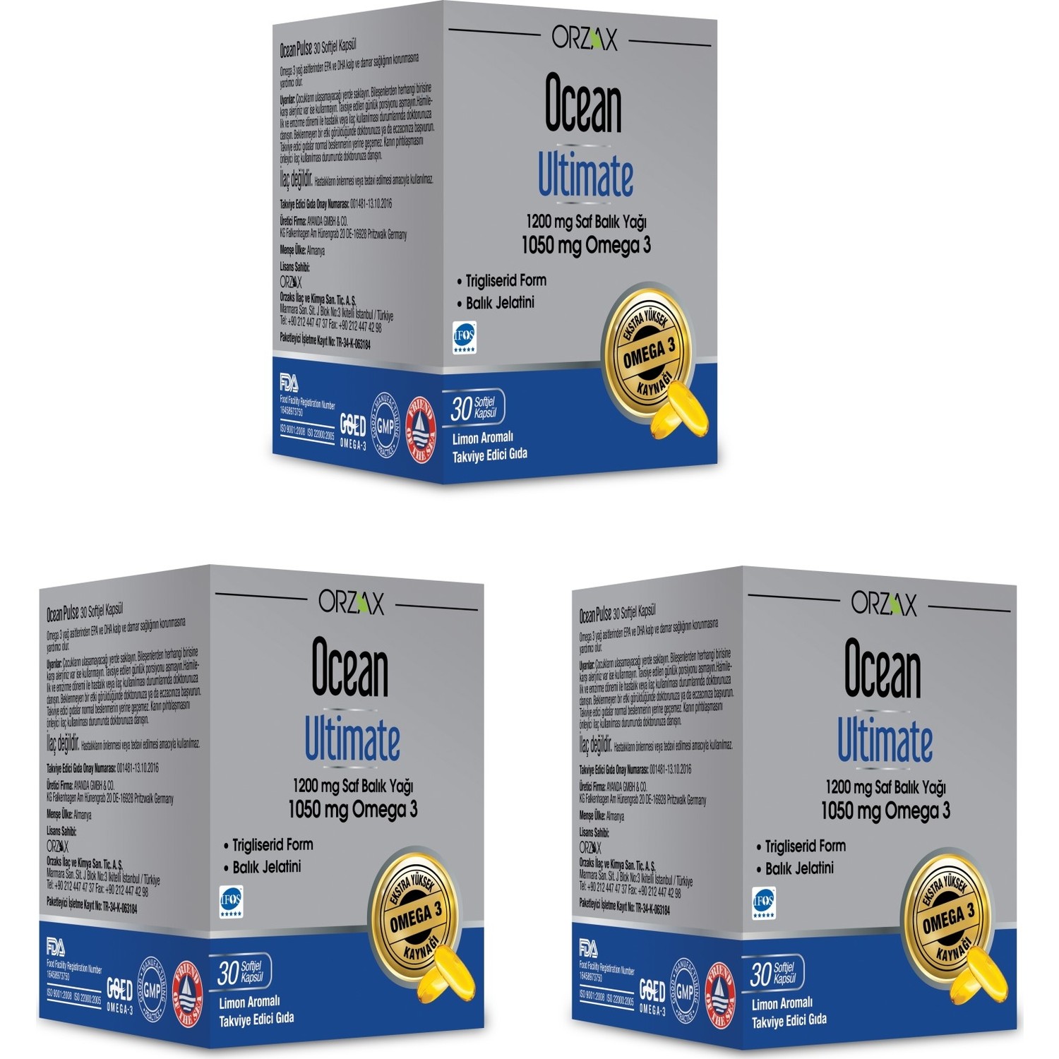Омега-3 Ocean Ultimate 1050 мг, 3 упаковки по 30 капсул омега 3 solgar omega 3 fish oil concentrate 1000 mg 120 шт