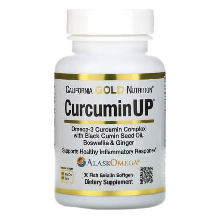 Комплекс куркумина и омега-3 California Gold Nutrition, CurcuminUP, 30 капсул из рыбьего желатина california gold nutrition curcumin up комплекс с омега 3 и куркумином для подвижности и комфорта в работе суставов 90 капсул из рыбьего желатина