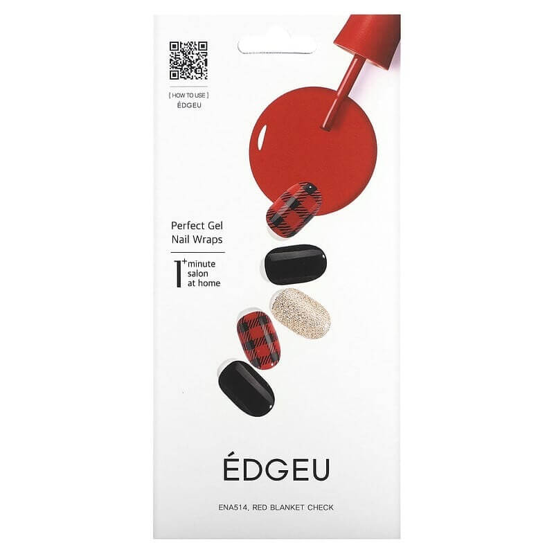 Гелевые полоски Edgeu для ногтей Perfect ENA514 Red Blanket Check, набор из 16 полосок гелевые полоски edgeu для ногтей perfect ena212 black sugar bonbon chocolat набор из 16 полосок