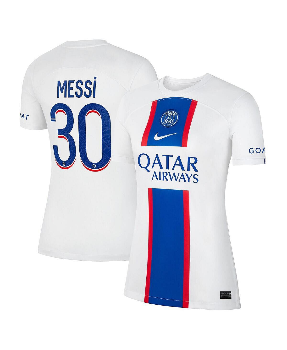 

Женская футболка lionel messi white paris saint-germain 2022/23 third breathe stadium replica player jersey Nike, белый