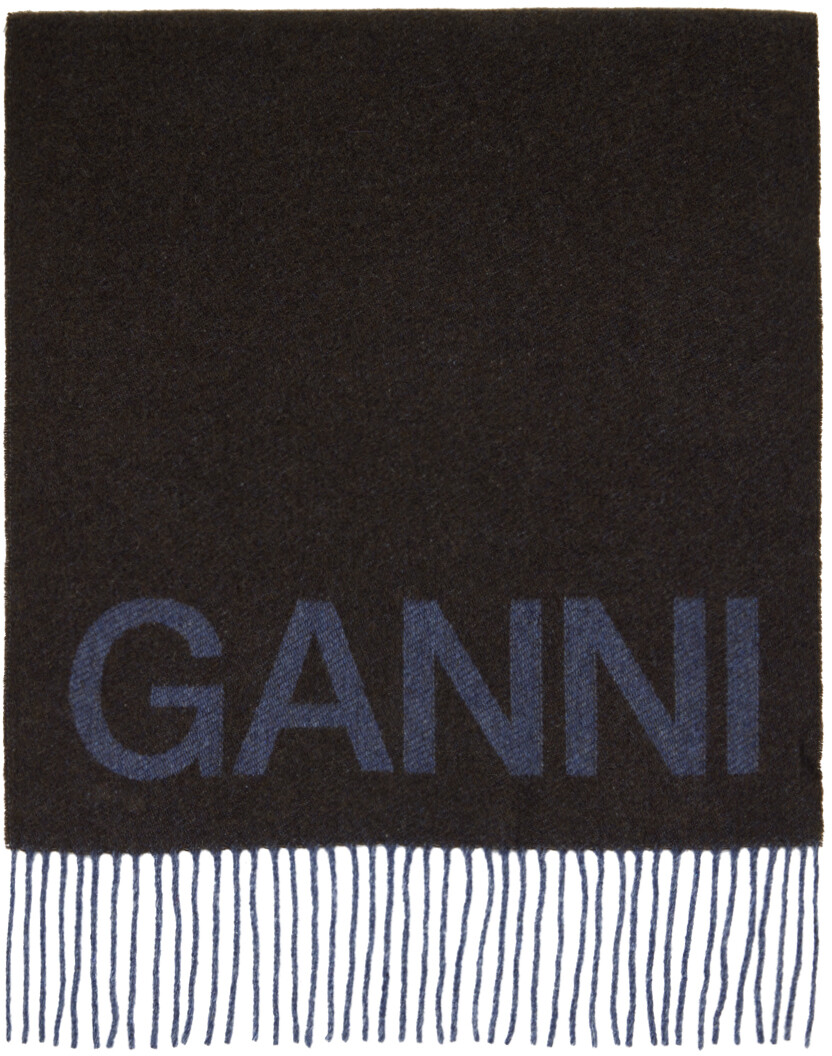 

Коричневый и синий шарф с бахромой GANNI