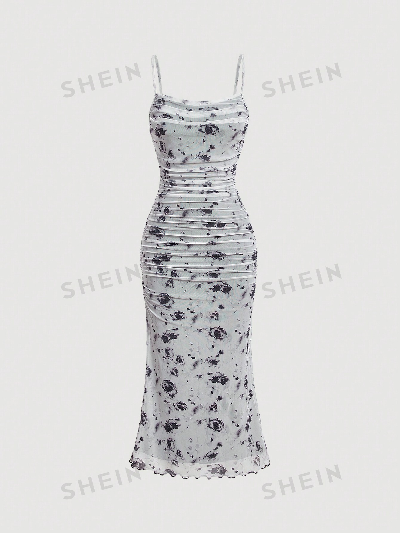 SHEIN MOD Плиссированное платье-комбинация с цветочным принтом и рюшами по подолу, черный цена и фото