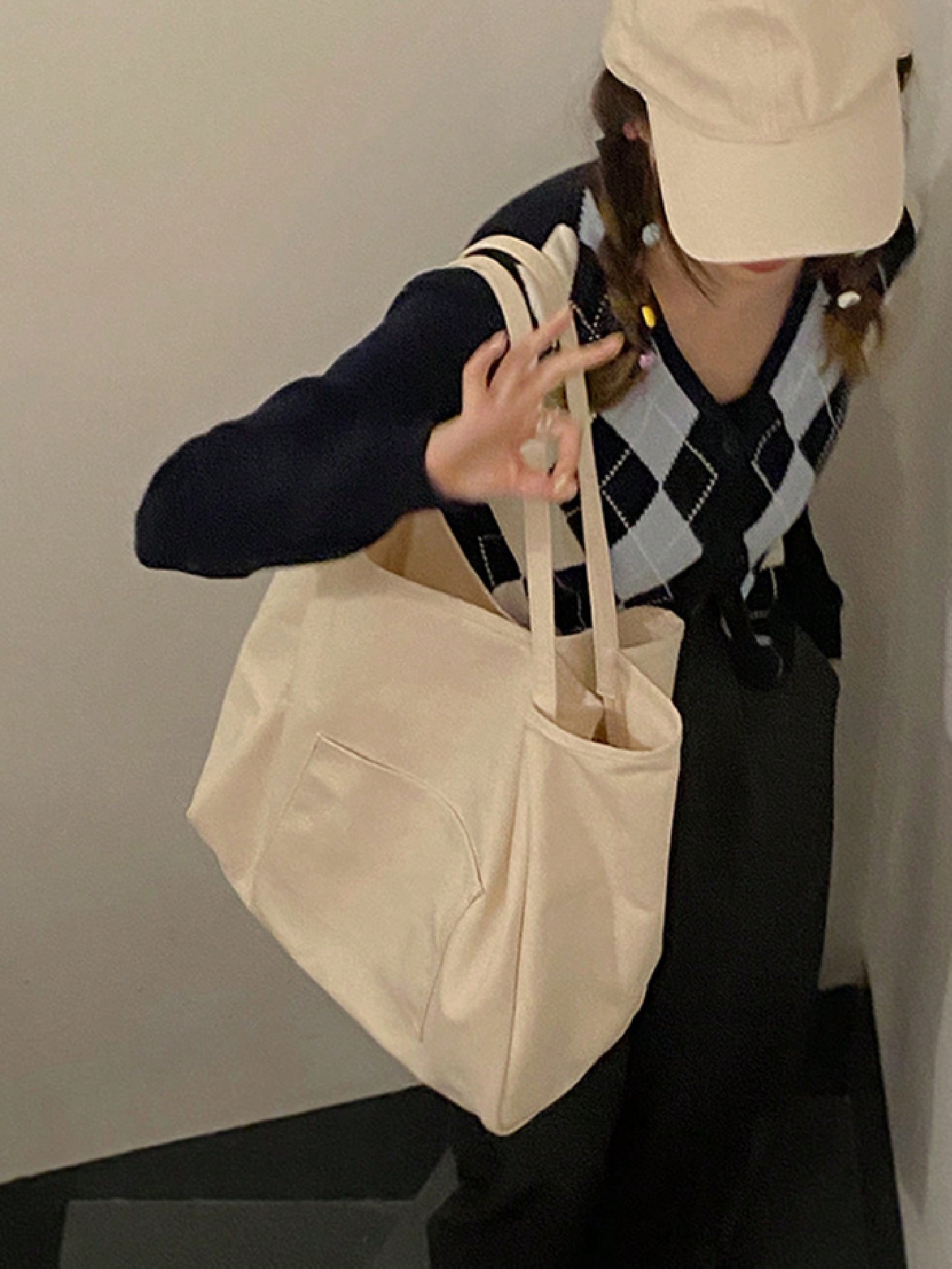 Однотонная парусиновая минималистичная большая вместительная модная модная большая сумка Универсальная сумка большой вместимости Ins Сумка для покупок Атмосферная сумка, бежевый