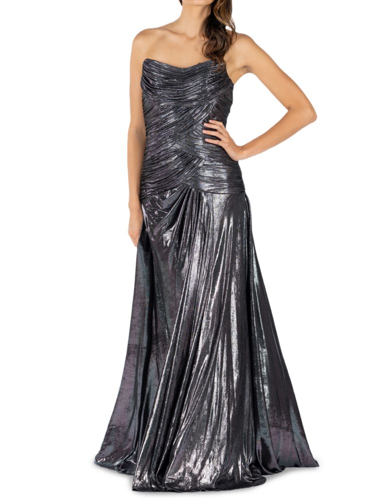 Платье-бандо с металлической драпировкой Rene Ruiz Collection, цвет Pewter