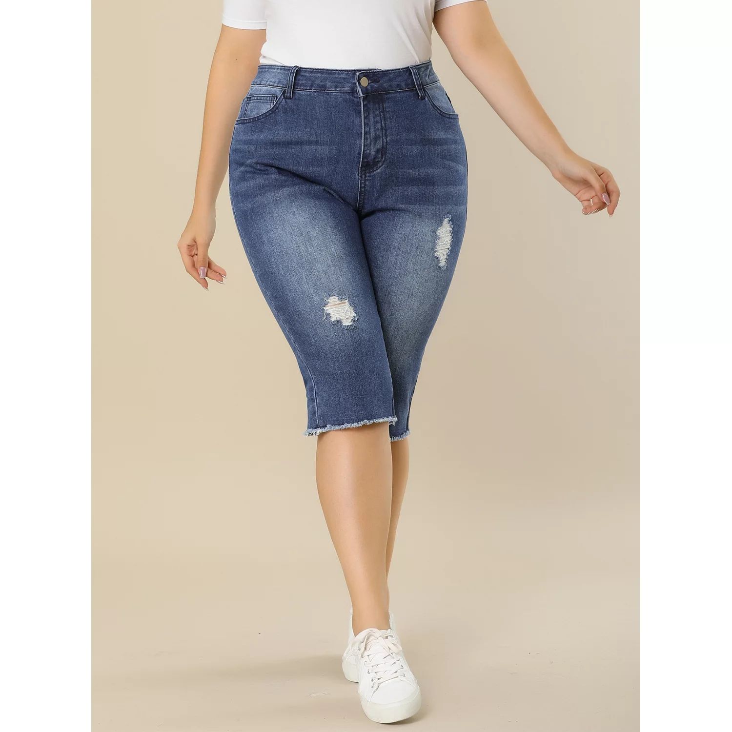 цена Женские джинсовые леггинсы больших размеров с рваными прорезными карманами и капри больших размеров Agnes Orinda, синий