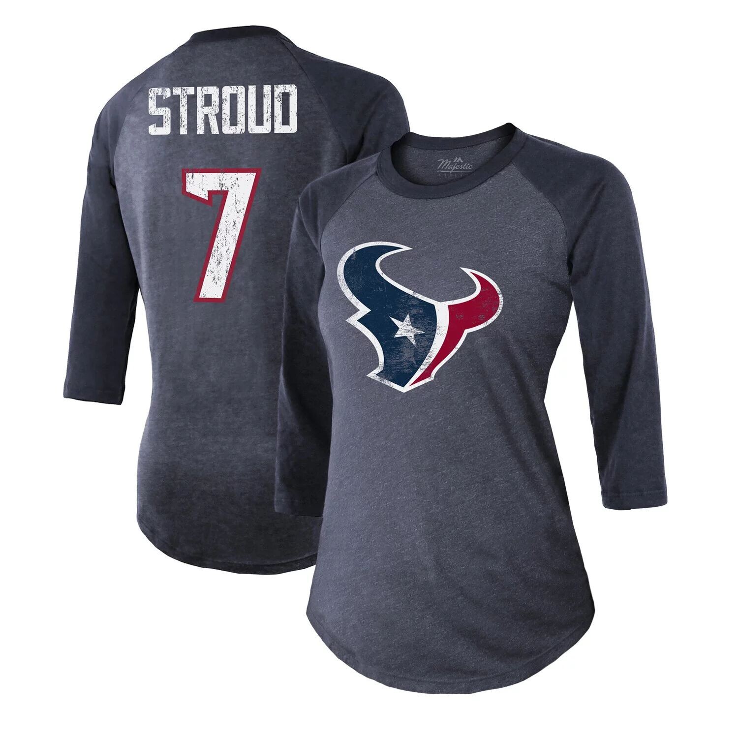 

Женская футболка Majestic Threads темно-синего цвета C.J. Stroud Houston Texans с именем и номером игрока, приталенная футболка Tri-Blend с рукавами 3/4 Majestic, Синий