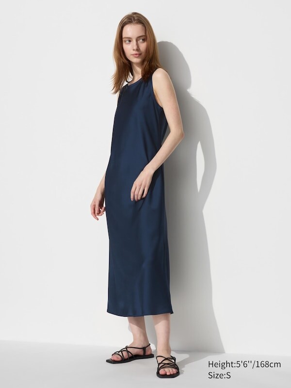 

Атласное платье без рукавов Uniqlo, синий