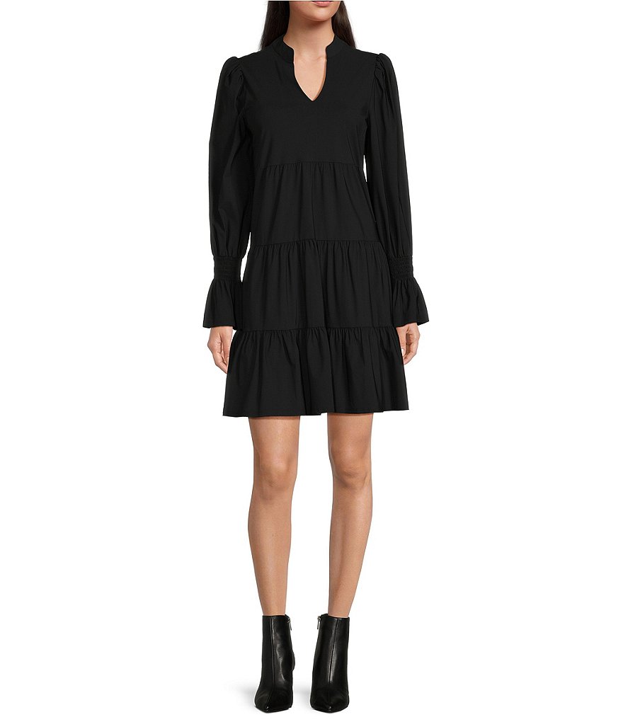 цена Jude Connally Tammi Эластичное тканевое трикотажное платье Jude с V-образным вырезом и длинными рукавами с рюшами., черный