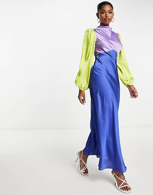 

Атласное чайное платье макси с высоким воротником ASOS DESIGN в стиле колор-блок